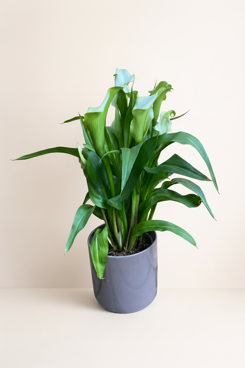 Arum calla lily pot gris avec fond beige