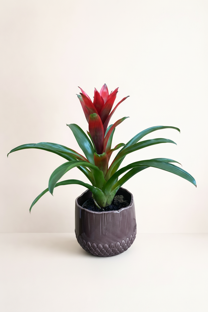 Broméliacée rouge avec fond beige