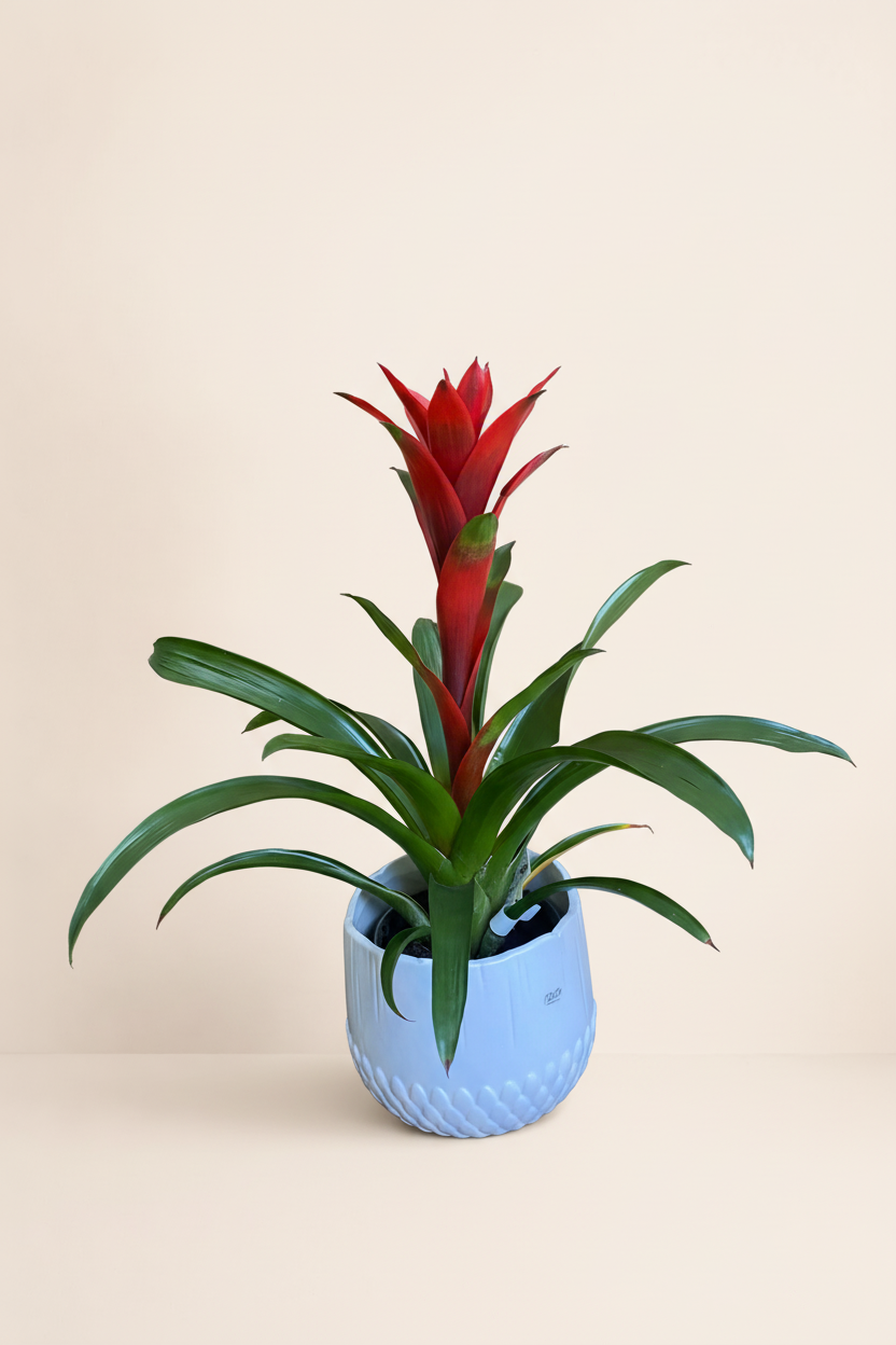 Broméliacée rouge pot blanc avec fond beige