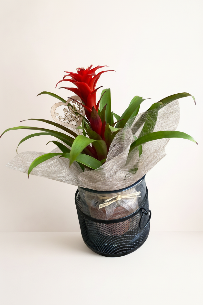Broméliacée rouge pot noir jute avec fond beige