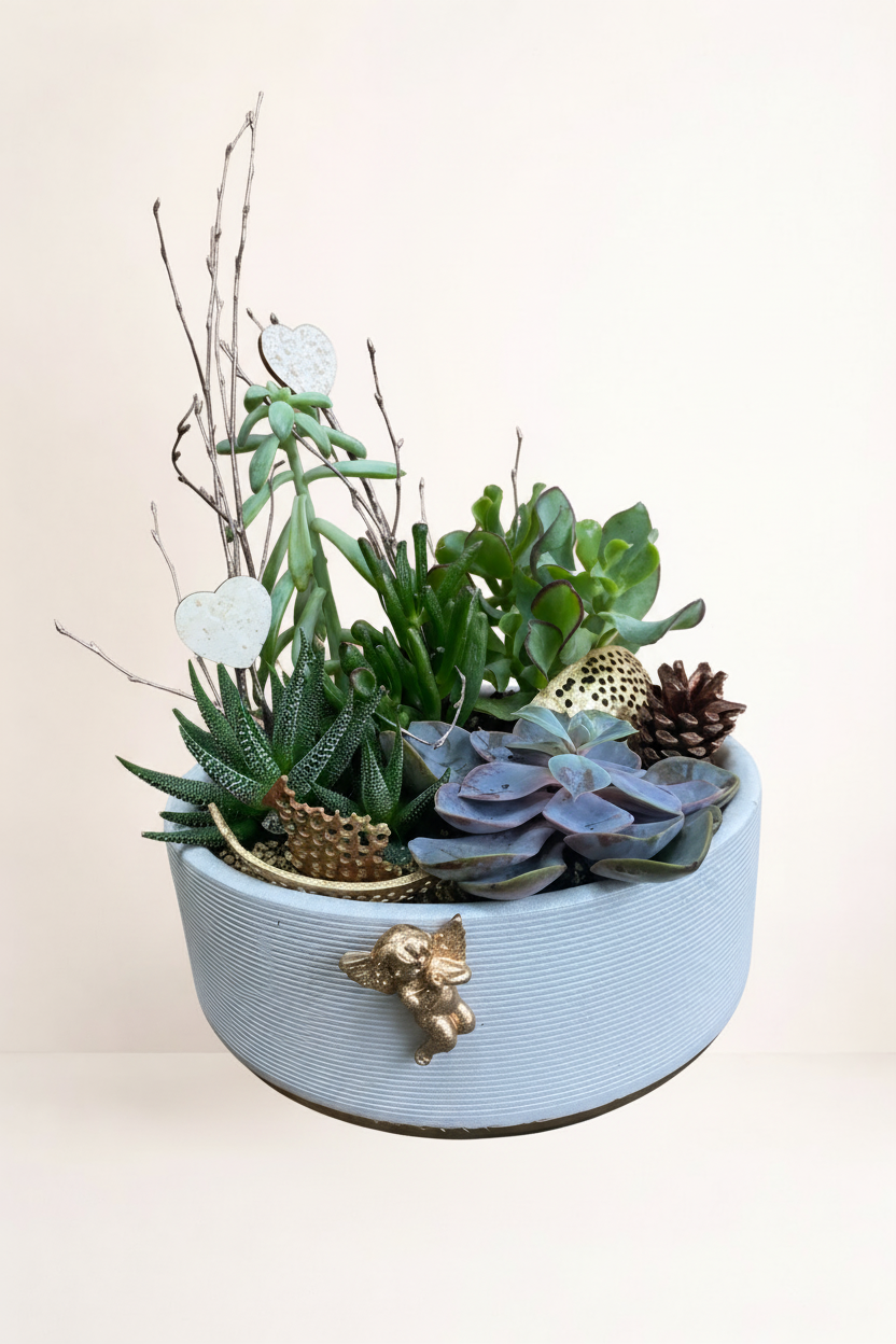 Composition de succulentes avec fond beige