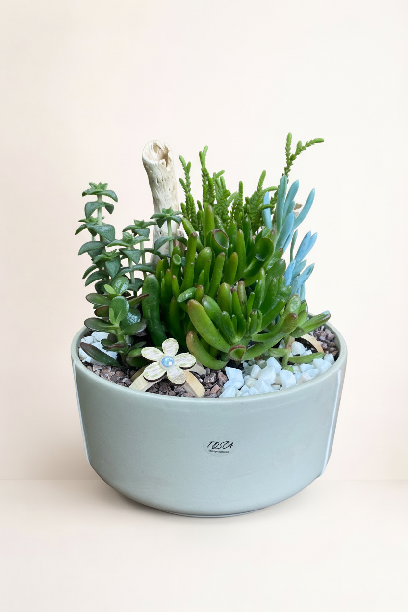 Composition de succulentes bol blanc avec fond beige