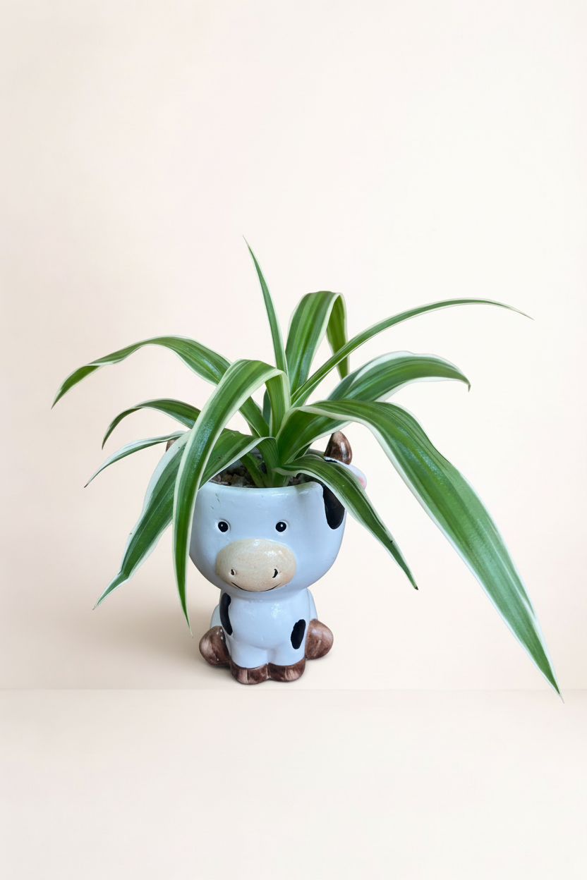 Plante araignée pot vache avec fond beige