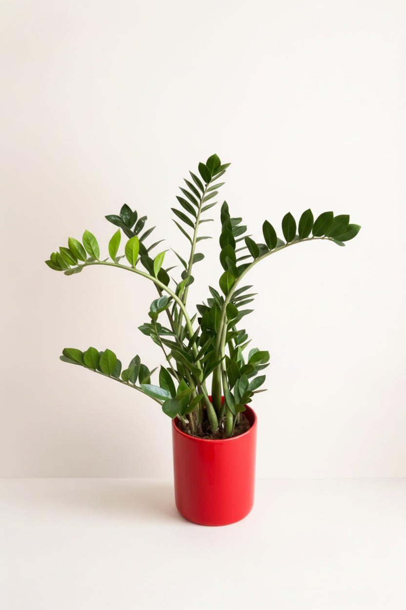 Plante ZZ pot rouge avec fond beige