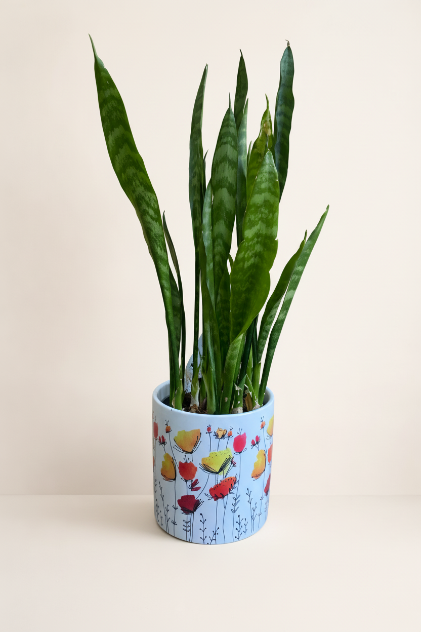 Sansevieria pot fleurs colorées avec fond beige