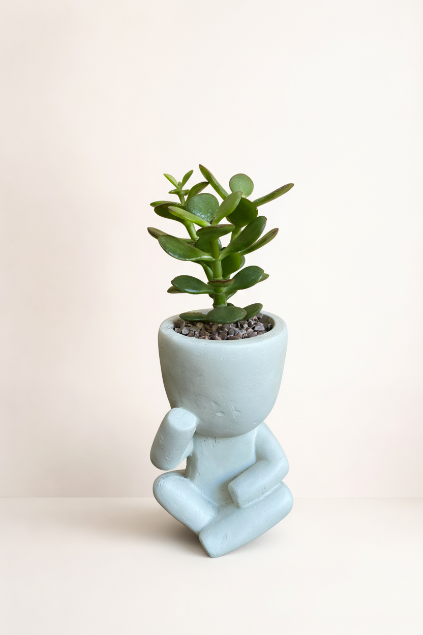 Succulente pot personnage assis avec fond beige
