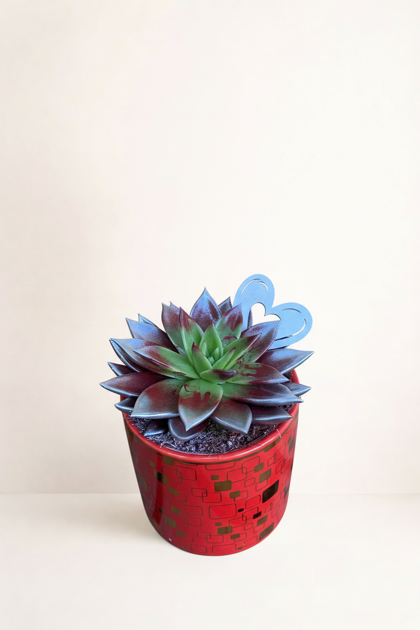 Succulente pot rouge briques avec papillon avec fond beige