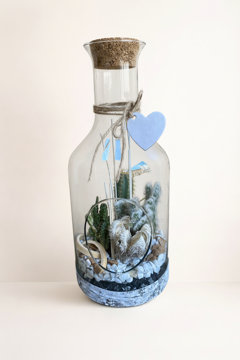 Terrarium bouteille cactus avec fond beige