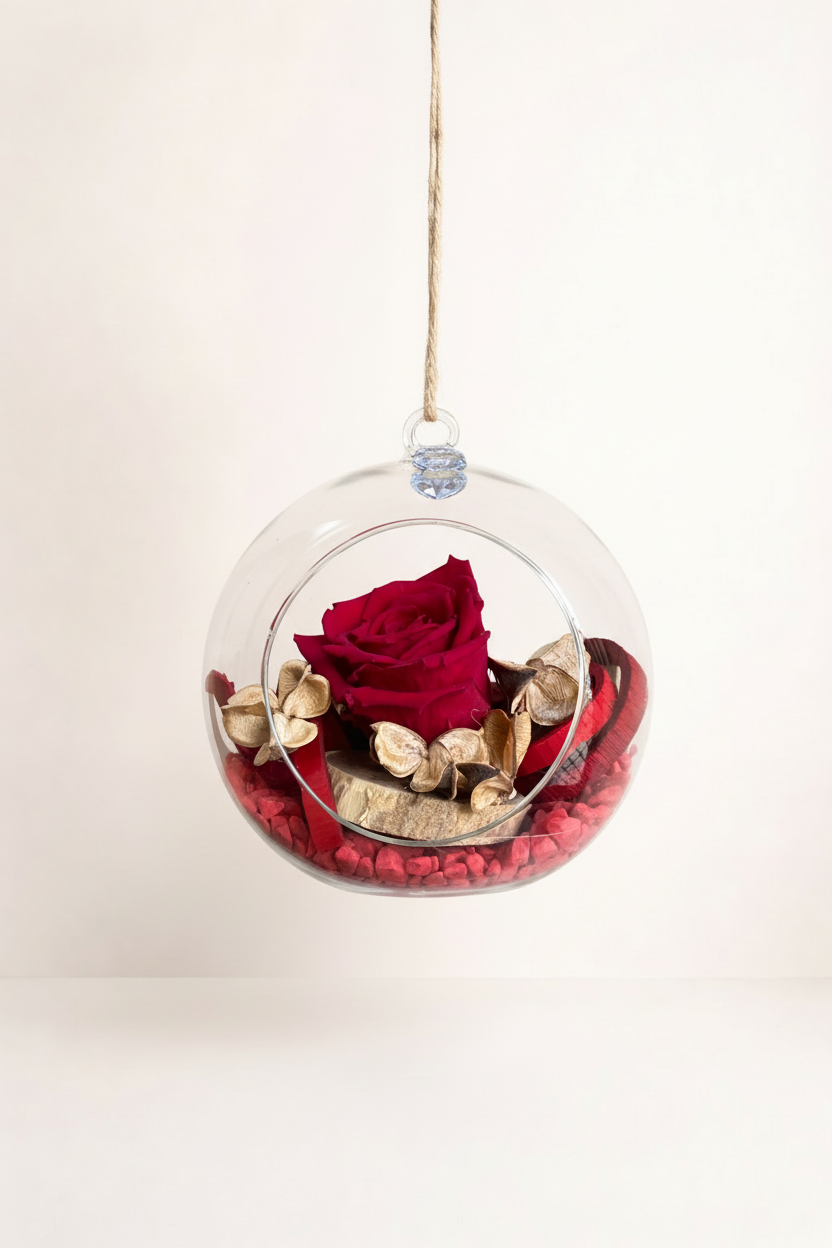 Terrarium suspendu rose éternelle avec fond beige